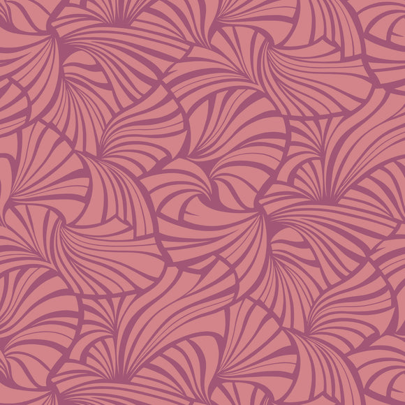 Pattern of wavy lines like Japanese fans in shades of purple and dusty pink on a matching background
