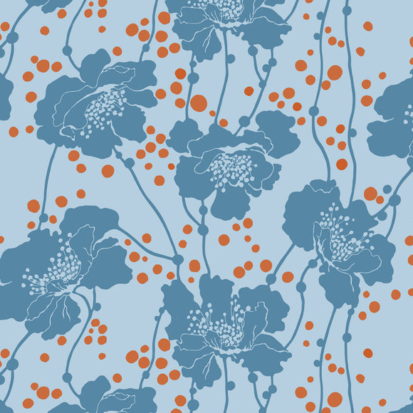 Pattern of blue flowers and orange dots on a light blue fabric background