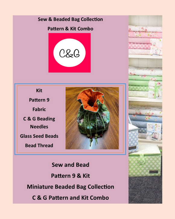 Advertisement for a Sew & Beaded Bag Collection with text and images of bags and fabric.