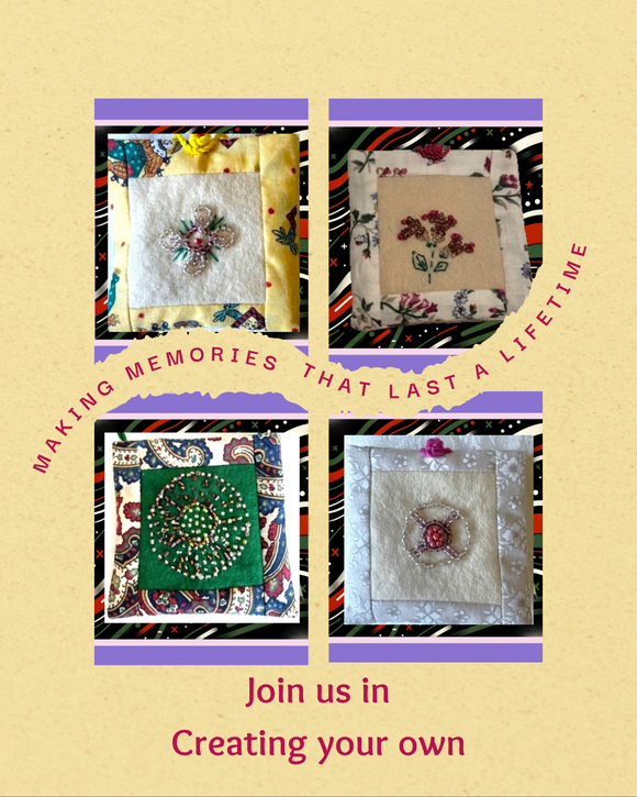 Promotional graphic for a craft or embroidery class with embroidered squares and text on a beige background, Join us in creating your own mini bags