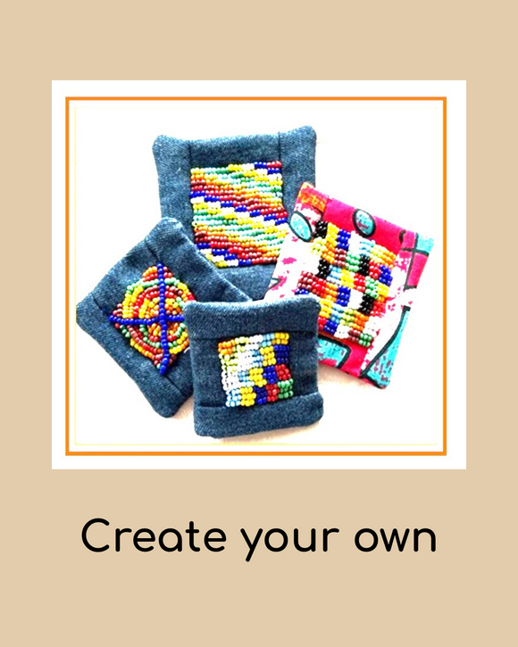 Colorful beaded brooch lapels on a beige background with text 'Create your own'.
