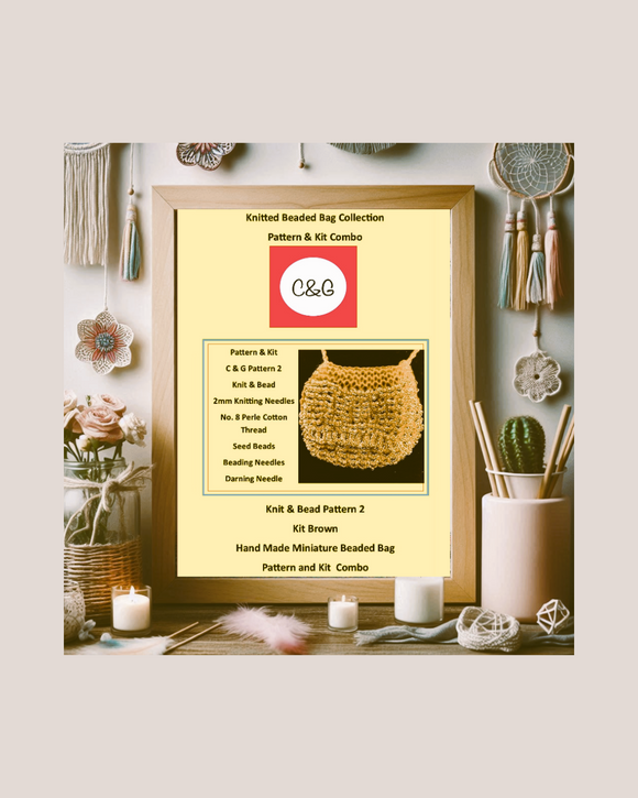 Framed knitted beaded bag pattern on a decorative wall with candles and decor items.