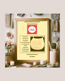 Framed pattern with yellow beaded bag and table with flowers and candles on a light background