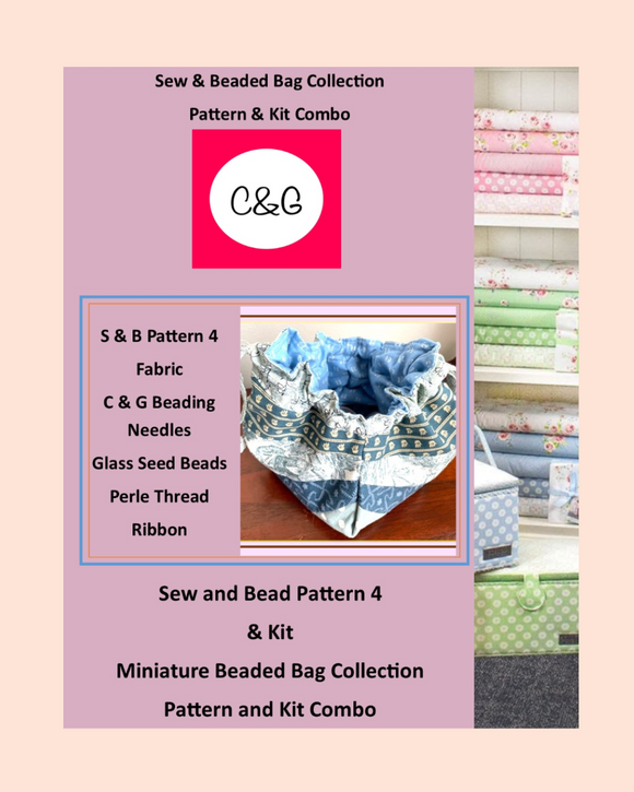 Advertisement for a Sew & Beaded Bag Collection with fabric and bead kit on a beige background.