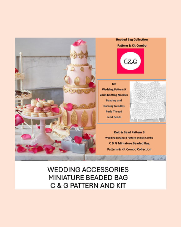 Wedding-themed miniature beaded bag and cake display with C&G branding.