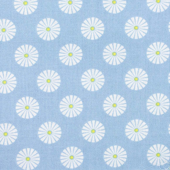 Gutermann fabric with pattern of white flowers with yellow centres on a blue background