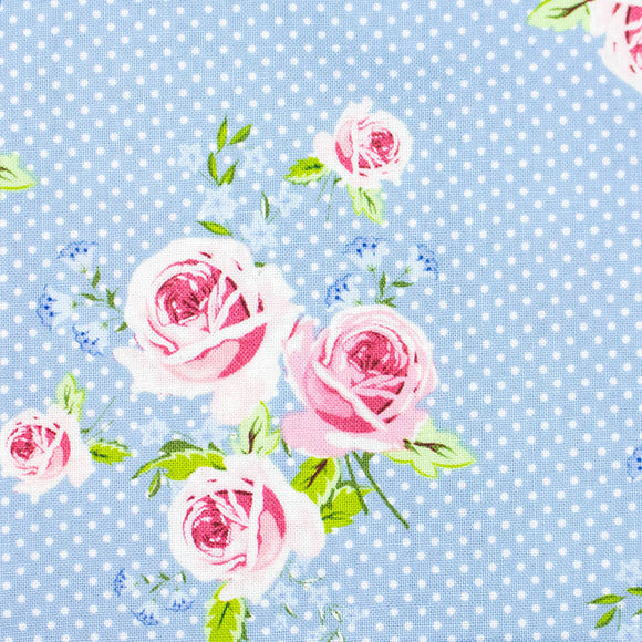 Floral Gutermann pattern with pink roses on a blue background with white polka dots