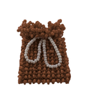 Chocolate Brown beaded bag with a white beaded cord bow on a white background