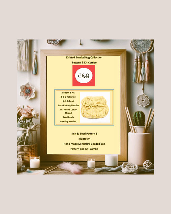 Framed Knitted Beaded Bag Collection pattern and kit combo on a decorative wall with candles and decor items.