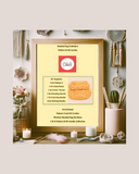 Framed product sheet for a beaded bag collection with decorative items in the background.