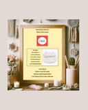 Framed product description card for a beaded bag collection with decorative items on a light background