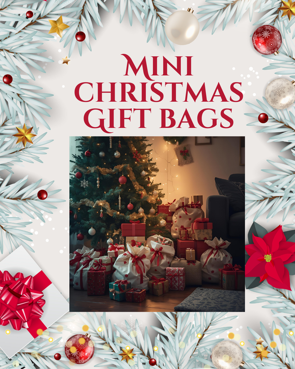 Advertisement for mini Christmas gift bags with a decorated room and tree in the background.