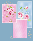 Set of floral and polka dot patterned paper sheets on a blue background with decorative elements.