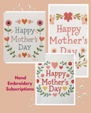 Three 'Happy Mother's Day' hand embroidery patterns on a peach background with decorative elements.