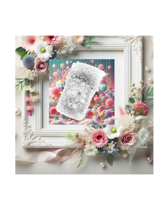 Decorative wedding frame with floral elements and a colourful abstract design inside a white beaded iPhone bag