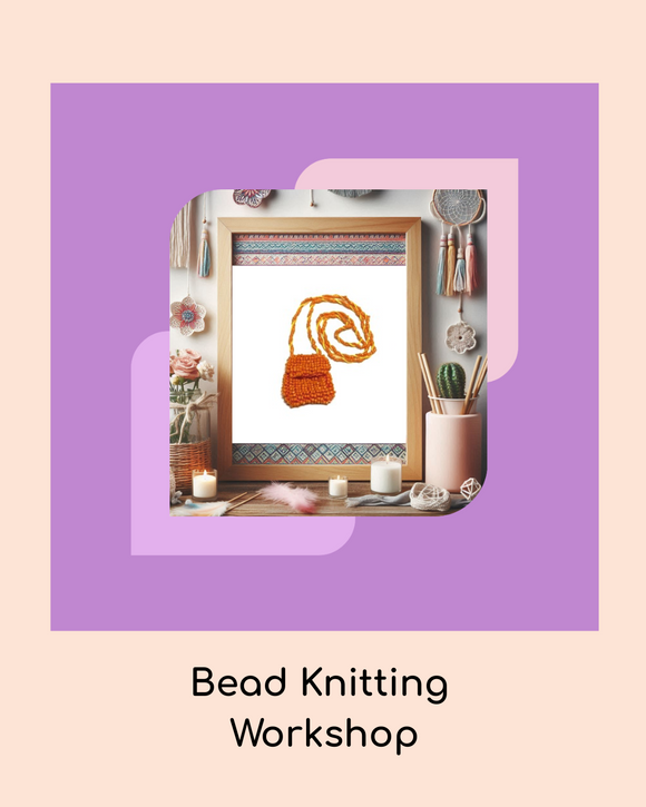 Promotional graphic for a bead knitting workshop with a framed bead knitted item on a light pink background.