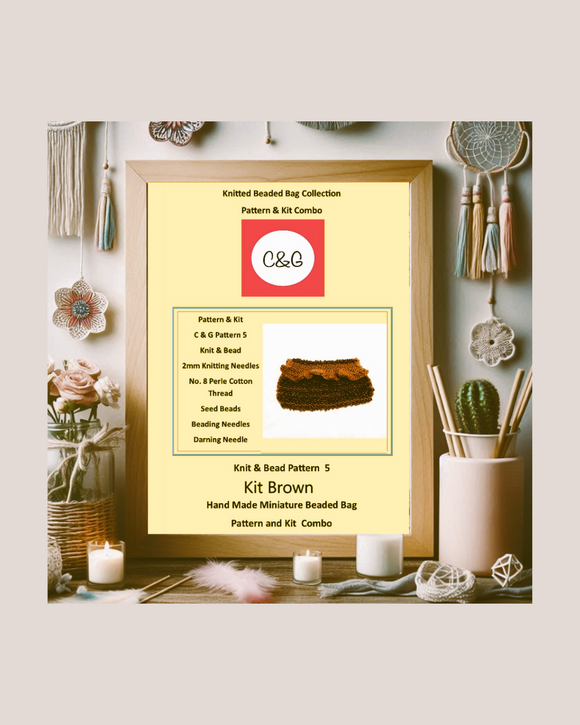 Framed knitting pattern with brown beaded pouch on a table are candles and a free spirit background