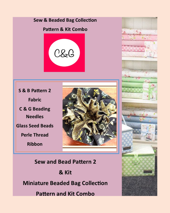 Advertisement for a Sew & Beaded Bag Collection with fabric and bead materials.