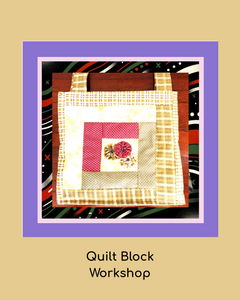 Quilt block bag on a wooden surface with a colorful background