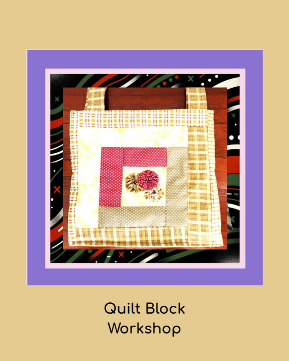 Quilt block bag on a wooden surface with a colorful background