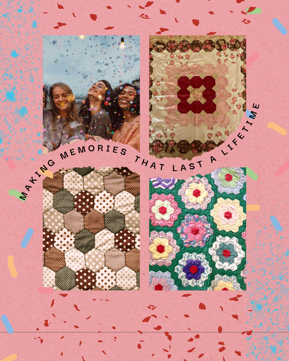 Cover of a book with patchwork and hexagon quilt patterns and a photo of people having fun together celebrating finishing their quilt background.