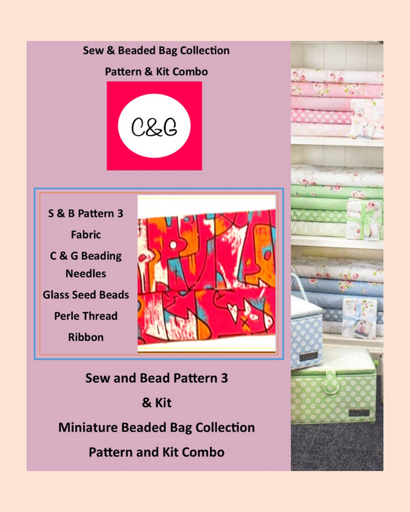 Sew and Beaded Bag Collection with fabric and bead kit on a pink background