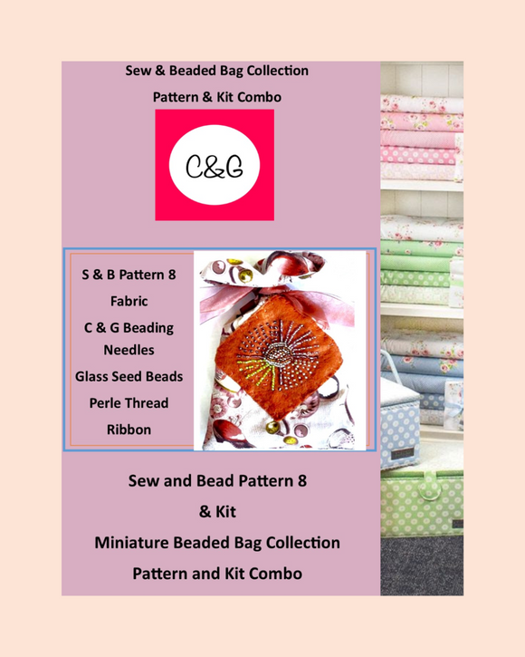Sew and Bead Pattern & Kit Combo with fabric swatches on a pink background
