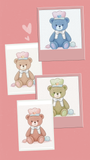 Four illustrations of teddy bears in nurses' outfits on a pink background.