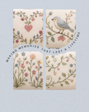 Embroidered fabric swatches with floral and bird designs on a light blue background. "Making memories that last a lifetime"