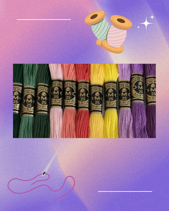Set of colourful DMC embroidery threads with a spool of thread and needle on a gradient background