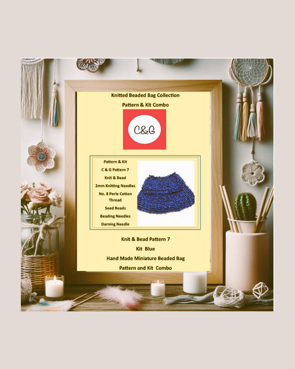 Knitted Beaded Bag Collection pattern and kit combo with C&G branding on a decorative background.