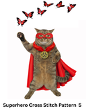 Cat in superhero costume with red cape and mask, surrounded by butterflies on a white background.