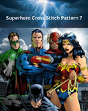 Superhero cross stitch pattern with characters including Superman, Batman, and Wonder Woman against a stormy sky. Superhero Cross Stitch Pattern 7