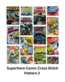 Grid of superhero comic book covers with text 'Superhero Comic 2 Cross Stitch Pattern' at the bottom.