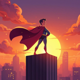 Superhero standing on a building with a cityscape and sunset in the background