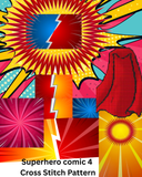 Colorful superhero-themed cross stitch pattern with dynamic shapes and vibrant colors.