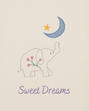 Illustration of an elephant with flowers, a star, and a moon on a beige background with 'Sweet Dreams' text.