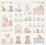 Collection of pastel-colored baby-themed illustrations including teddy bears, cribs, and toys on a white background.