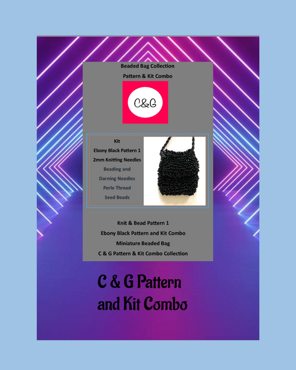 Beaded bag pattern and kit combo with C&G branding on a blue and purple gradient background