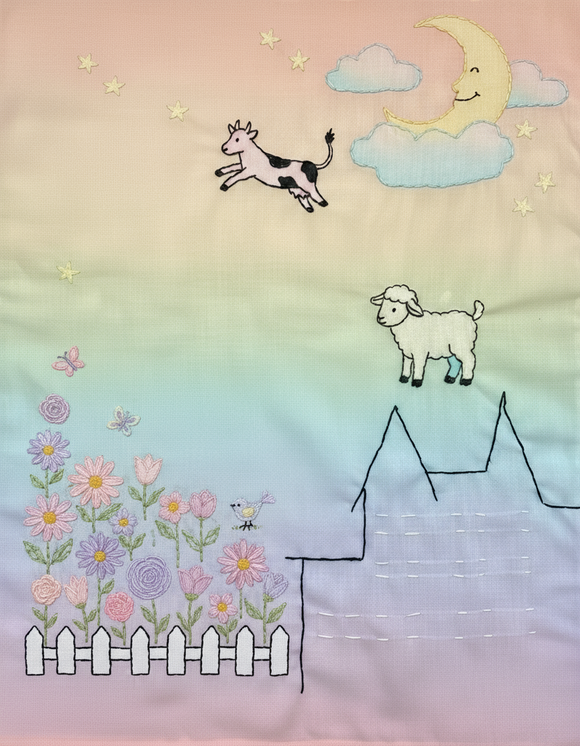 The cow jumped over the moon, a sheep and lovely flower garden with a white picket fence, an outline of a barn on a pastel coloured fabric