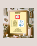 Framed product sheet with C&G logo and a blue beaded bag and text on a decorative background