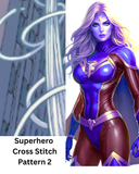 Superhero character in a purple and brown suit with text 'Superhero Cross Stitch Pattern 2' on a cityscape background.