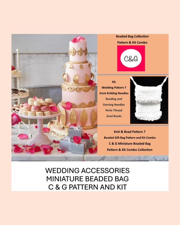 Wedding-themed miniature beaded bag pattern and kit with cake and macaron decorations on a beige background.
