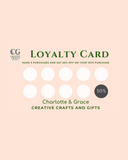 Loyalty card design for Charlotte & Grace Creative Crafts and Gifts with white circles and text on a beige background.