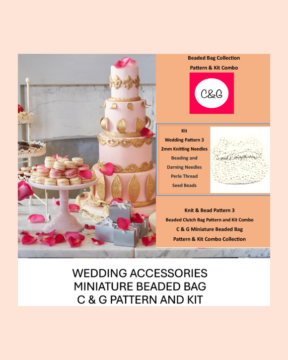 Beaded bag collection with wedding clutch purse kit on a cake-themed packaging on a light pink background