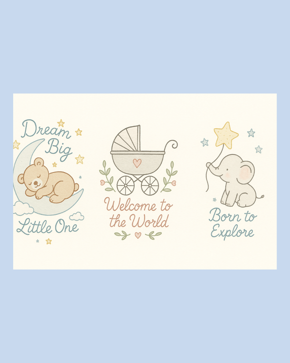 Cartoon illustrations of a teddy bear, baby carriage, and elephant with text on a light blue background.