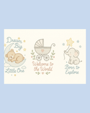 Cartoon illustrations of a teddy bear, baby carriage, and elephant with text on a light blue background.