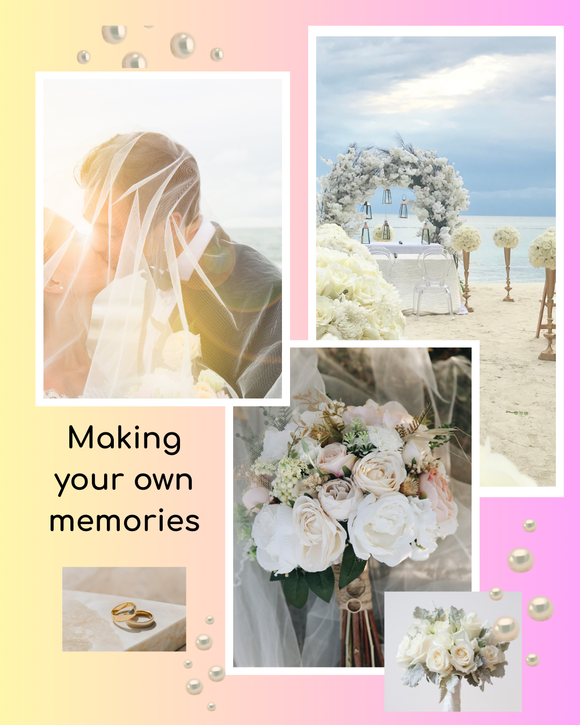 Collage of wedding-related images with text 'Making your own memories' on a colorful background.