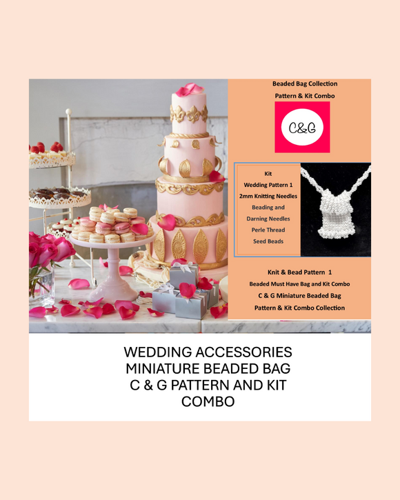 Wedding-themed miniature beaded bag kit with cake and decorations on a light pink background