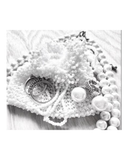 Pearl necklace and earrings on a white beaded pouch and white surface on a white background